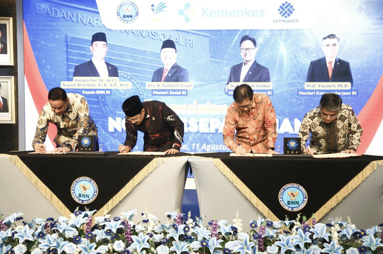 BNN, Kemensos, Kemenkes dan Kemenaker Tandatangani MoU Penanganan Korban Napza Secara Terpadu di Bogor, Selasa (11/8/2026). Foto: kemensos